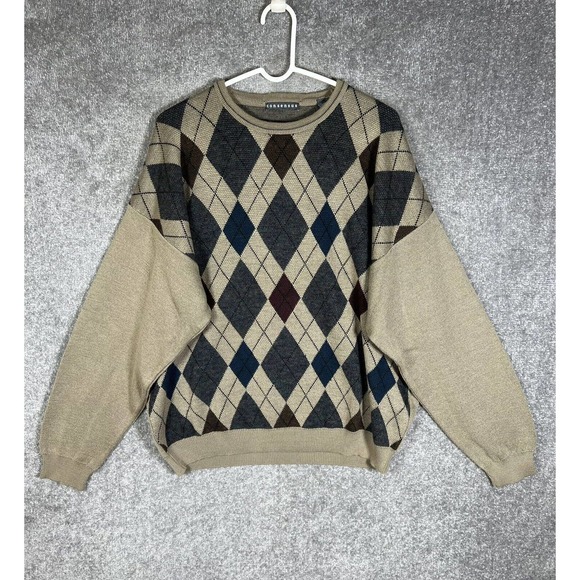 Consensus Merino Wool Blend Italy Argyle Knit Sweater Mens Size XL Tan Pullover - Picture 1 of 15